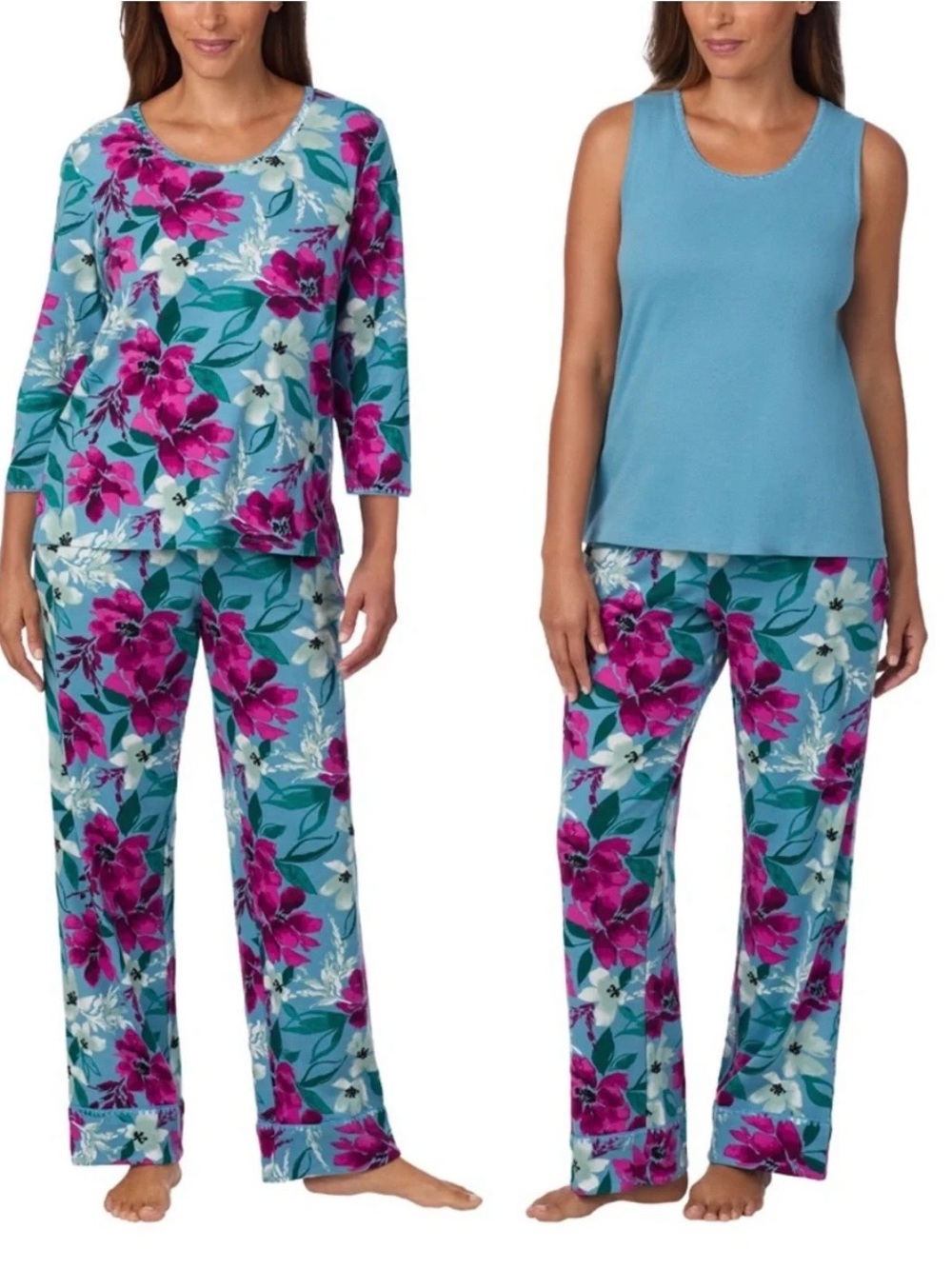 Midnight by Carole Hochman Aqua Fliece Pajama Set with Magenta Flowers 3 pieces